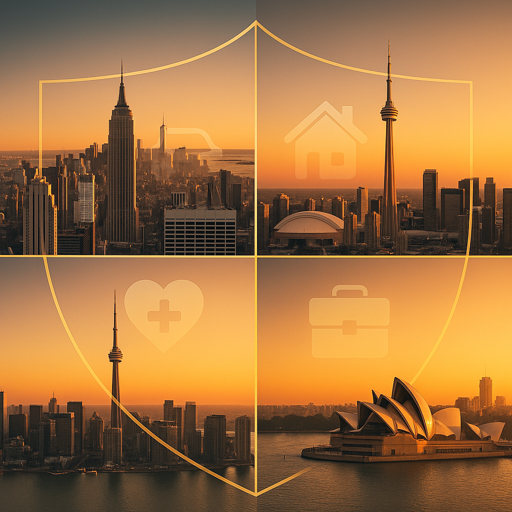 Elegant montage of NYC, London, Toronto, and Sydney with a subtle shield overlay and insurance icons.