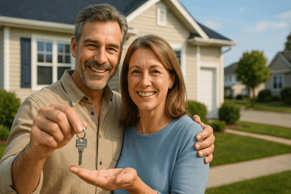 Happy couple standing outside their suburban home, holding keys and smiling—symbolizing home insurance protection