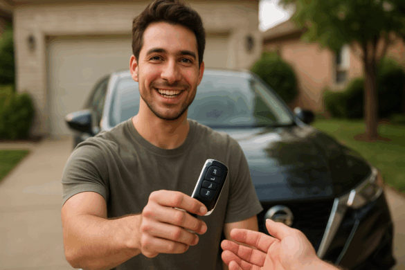 American man handing car key to another person in front of a car, symbolizing car insurance.