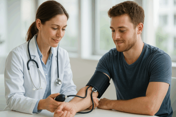 Doctor checking a patient’s blood pressure in a bright clinic—human-centered health insurance moment