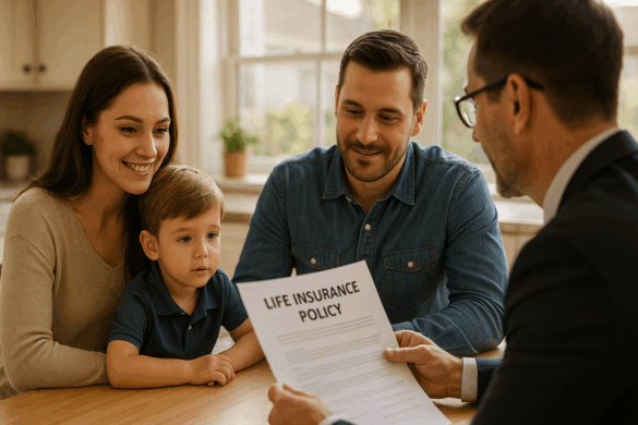 Young family meeting an advisor at a kitchen table, reviewing a life insurance policy