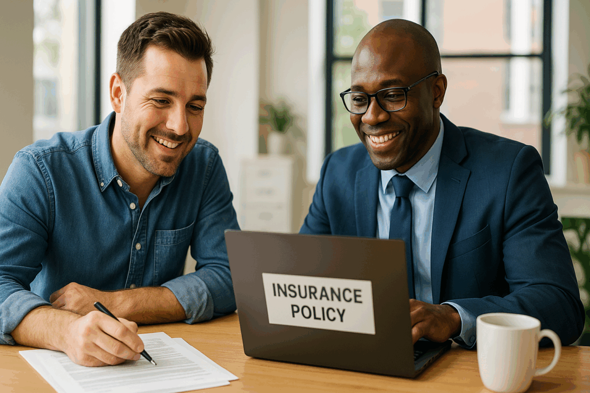 Small business owner reviewing an insurance policy with a broker in a bright office Small business owner reviewing an insurance policy with a broker in a bright office