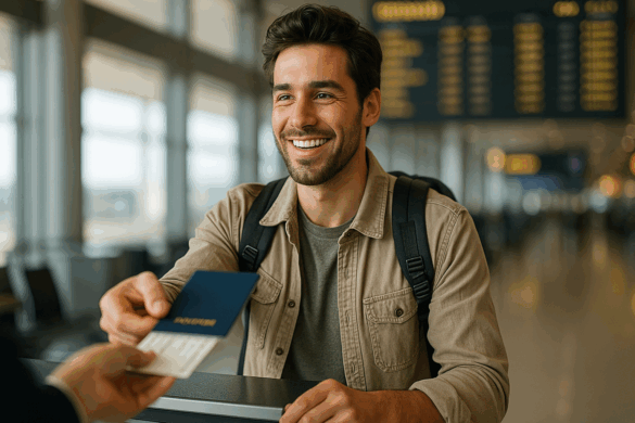 Smiling traveler at an airport check-in counter showing a passport and boarding pass to an agent