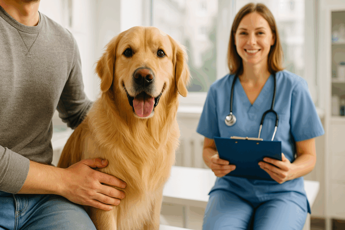 Golden retriever sitting with its owner at a veterinary clinic, with a vet smiling in the background Golden retriever sitting with its owner at a veterinary clinic, with a vet smiling in the background