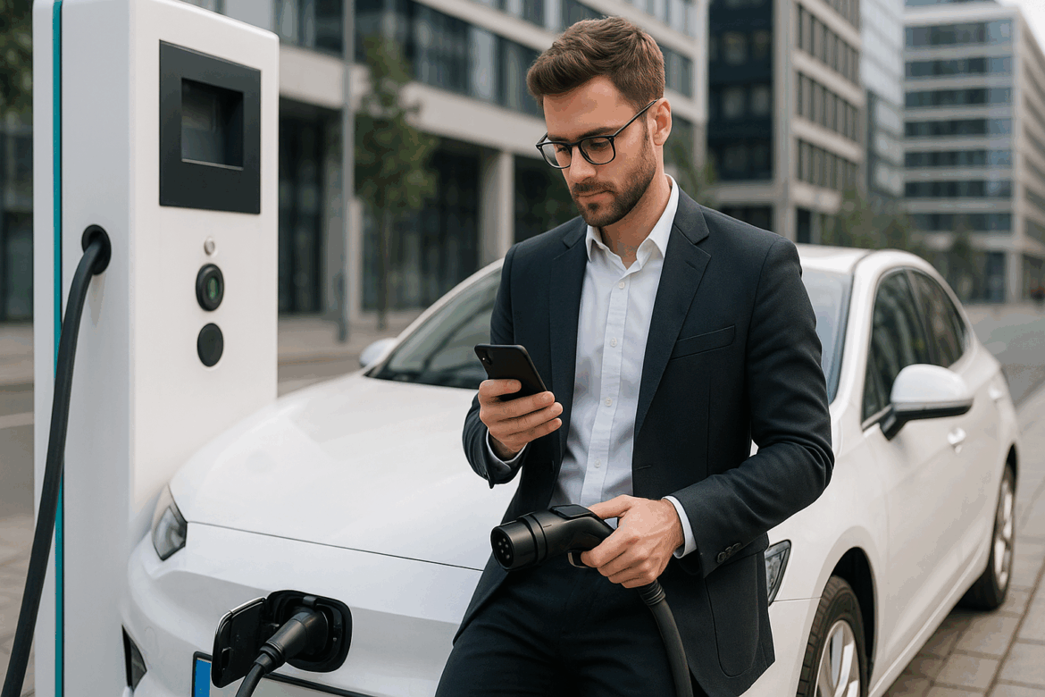 Young professional charging an electric car at a public station while checking their phone, symbolizing EV insurance Young professional charging an electric car at a public station while checking their phone, symbolizing EV insurance