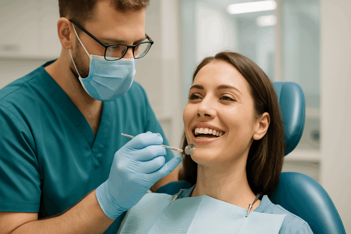 Patient smiling in a dental chair while a dentist checks their teeth Patient smiling in a dental chair while a dentist checks their teeth