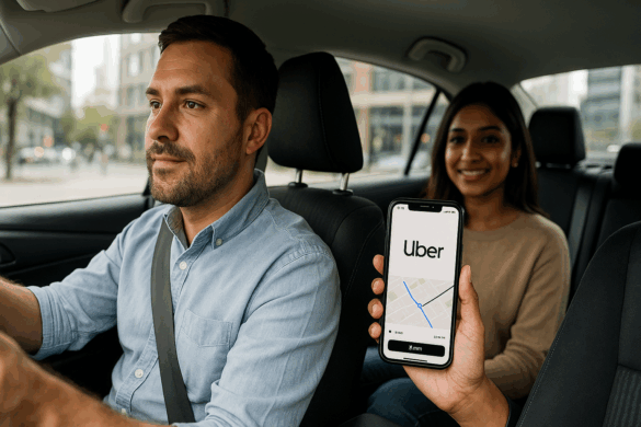 Rideshare driver in a modern car talking to a passenger with the Uber app open