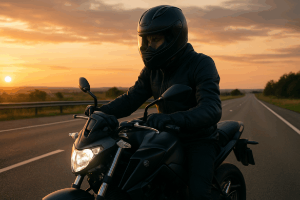 Rider wearing a helmet, parked on a motorcycle with a scenic highway background