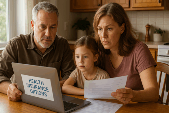 Family sitting at a kitchen table reviewing ACA health insurance options on a laptop