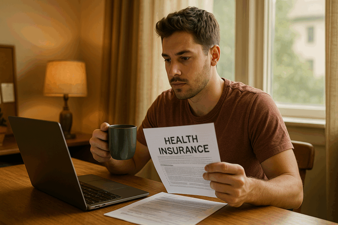 Young American reviewing health insurance plan documents with a laptop and coffee at home Young American reviewing health insurance plan documents with a laptop and coffee at home