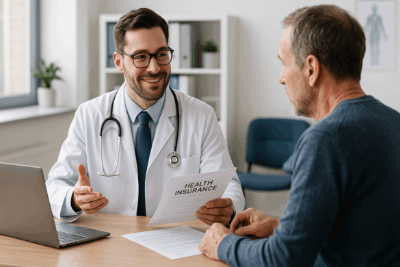Doctor explaining health insurance options to a patient at a clinic