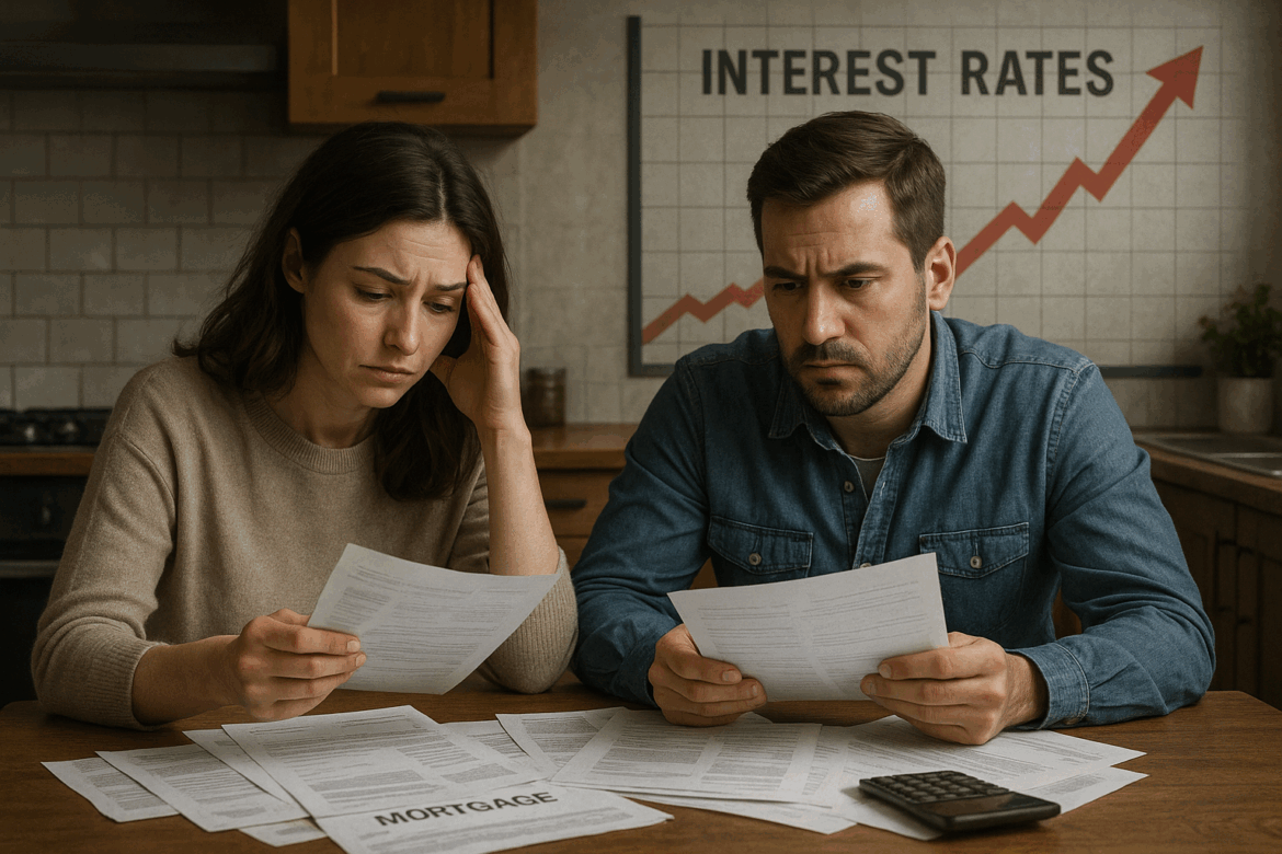 Close-up of a homeowner reviewing mortgage documents with rising interest rate charts in the background Close-up of a homeowner reviewing mortgage documents with rising interest rate charts in the background