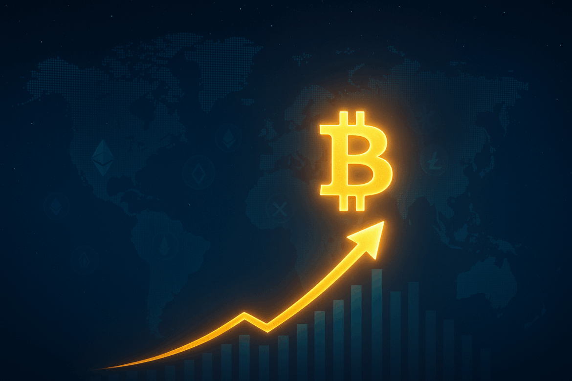 Glowing Bitcoin symbol on a rising price chart with digital icons and maps of the US, Canada, UK, and Australia in the background. Glowing Bitcoin symbol on a rising price chart with digital icons and maps of the US, Canada, UK, and Australia in the background.