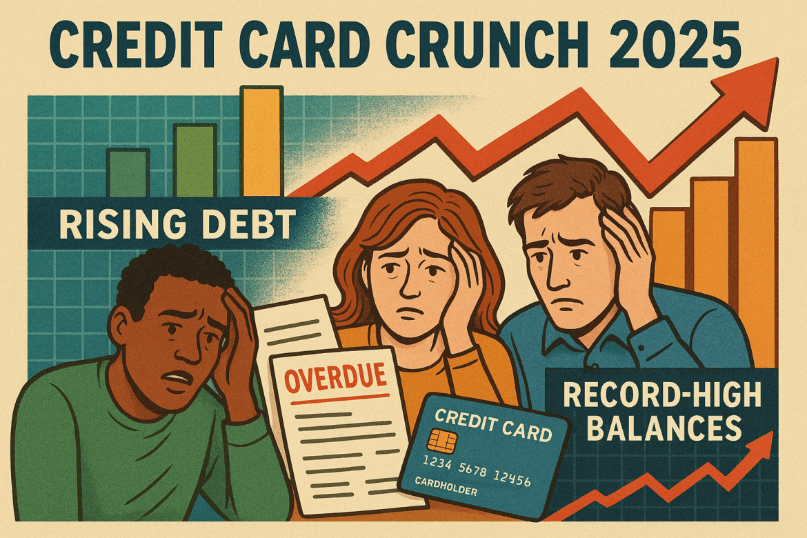 Credit card crunch 2025 illustration showing rising debt charts, overdue bills, and worried borrowers facing record-high balances Credit card crunch 2025 illustration showing rising debt charts, overdue bills, and worried borrowers facing record-high balances