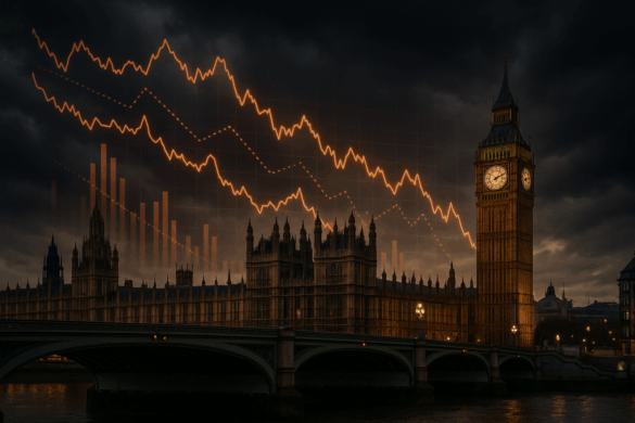 Realistic editorial image of the UK Parliament with a backdrop of financial charts showing volatility and rising risks