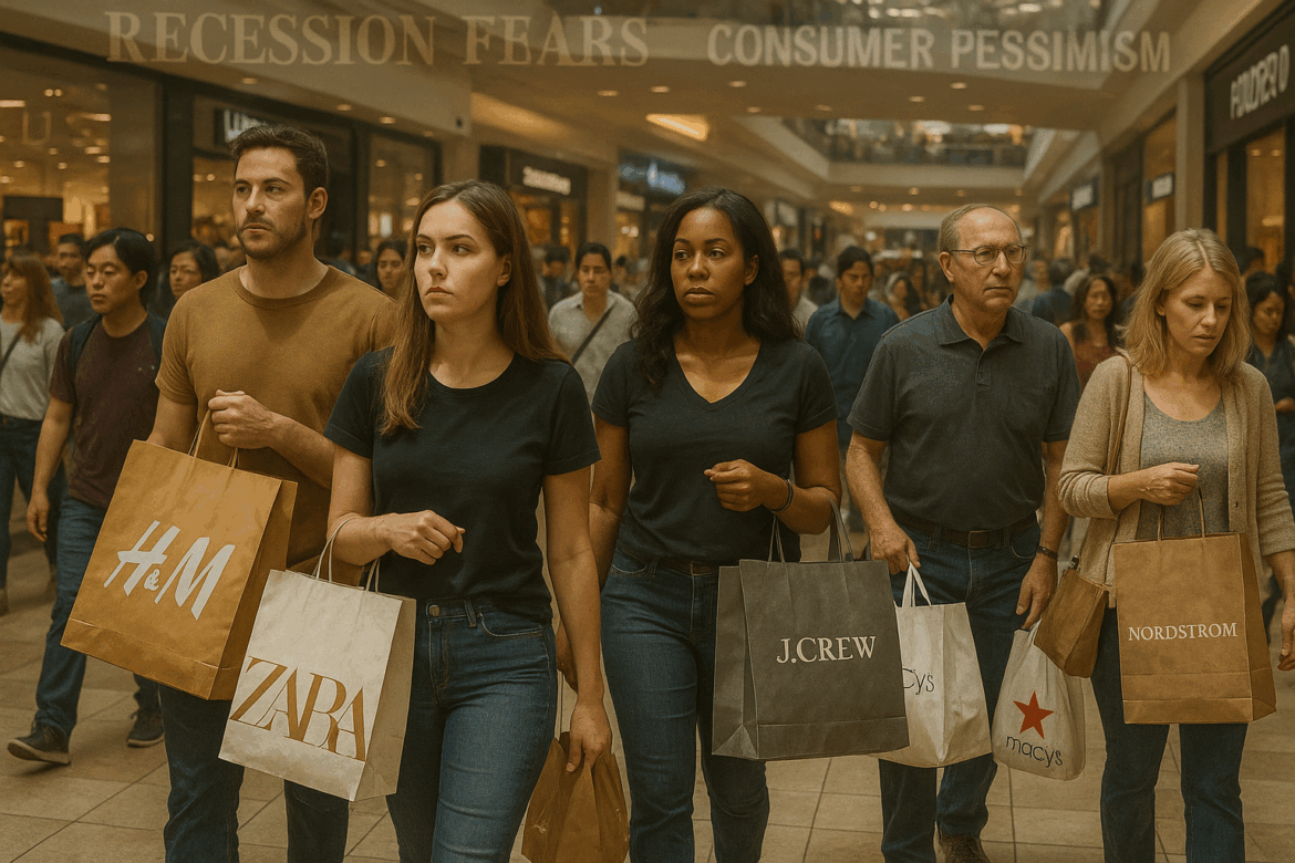 Realistic photo of shoppers carrying bags in a busy mall while economic news headlines about recession appear in the background. Realistic photo of shoppers carrying bags in a busy mall while economic news headlines about recession appear in the background.