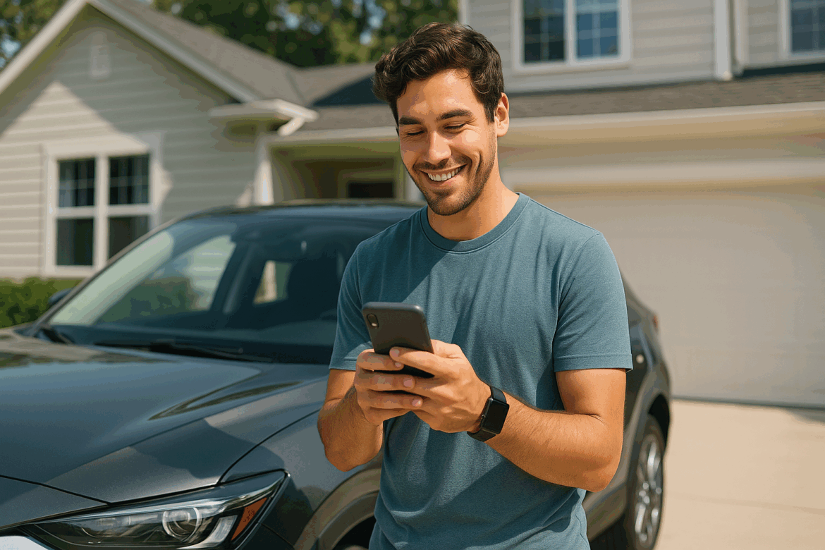 Young American driver smiling while checking car insurance rates on a smartphone in front of their parked car. Young American driver smiling while checking car insurance rates on a smartphone in front of their parked car