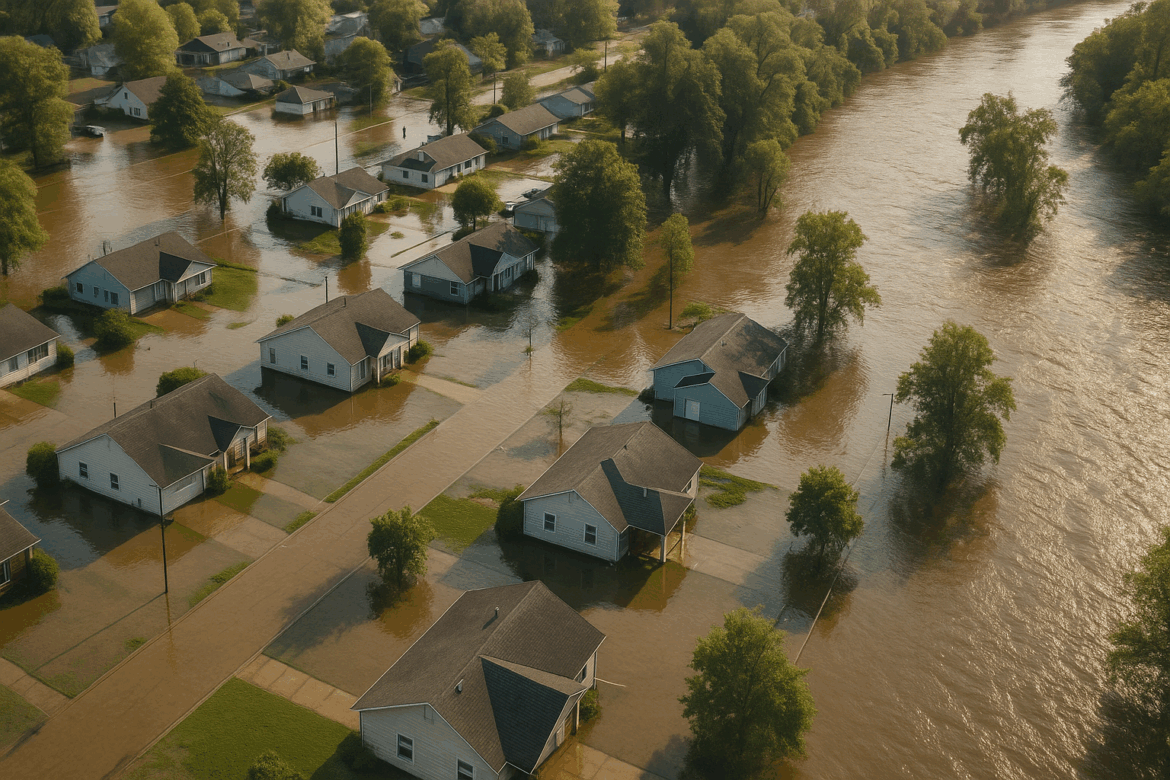 Aerial view of a suburban neighborhood near a flooded river, symbolizing climate-driven insurance risks Aerial view of a suburban neighborhood near a flooded river, symbolizing climate-driven insurance risks