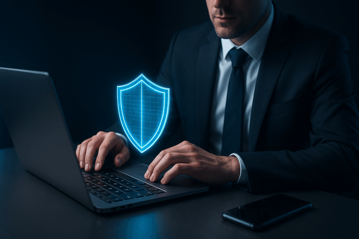 Business professional using a laptop with a digital shield hologram above the keyboard, symbolizing cyber insurance protection. Business professional using a laptop with a digital shield hologram above the keyboard, symbolizing cyber insurance protection.
