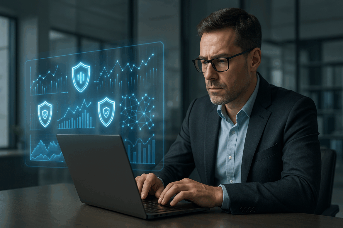 Insurance analyst working on a laptop with holographic AI-powered analytics above the desk. Insurance analyst working on a laptop with holographic AI-powered analytics above the desk.
