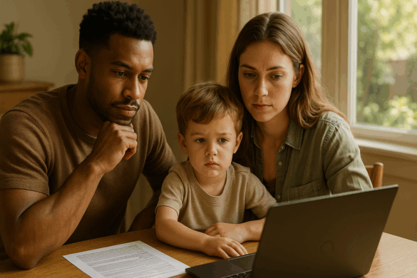 Family reviewing health insurance plan options on a laptop during open enrollment season.
