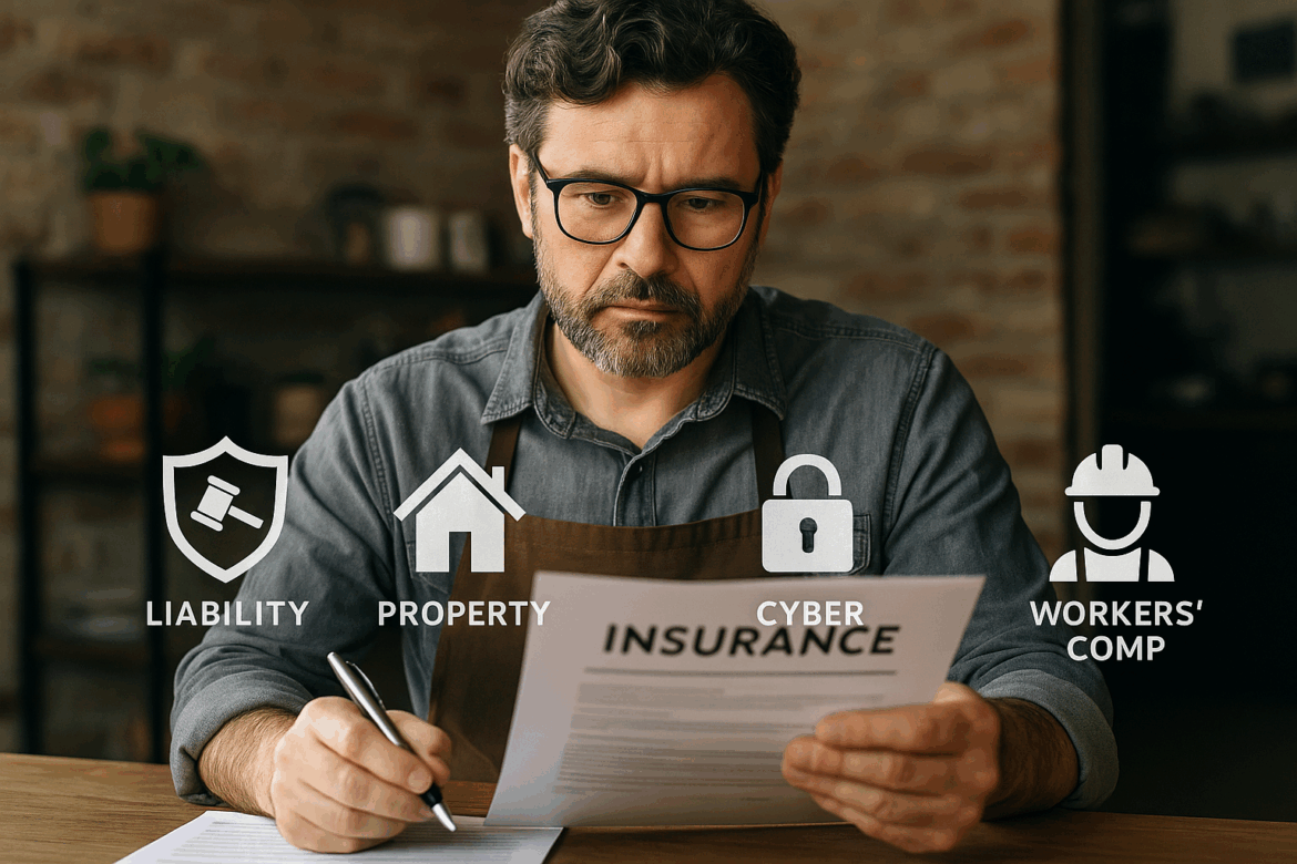 Realistic editorial image of a small business owner reviewing insurance documents with icons representing liability, property, cyber, and workers’ comp coverage. Realistic editorial image of a small business owner reviewing insurance documents with icons representing liability, property, cyber, and workers’ comp coverage.