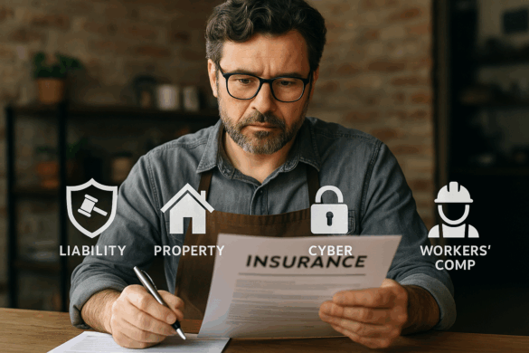 Realistic editorial image of a small business owner reviewing insurance documents with icons representing liability, property, cyber, and workers’ comp coverage.