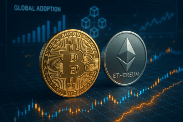 Illustration of Bitcoin and Ethereum coins against a futuristic digital finance background with charts, symbolizing crypto trends in 2025.