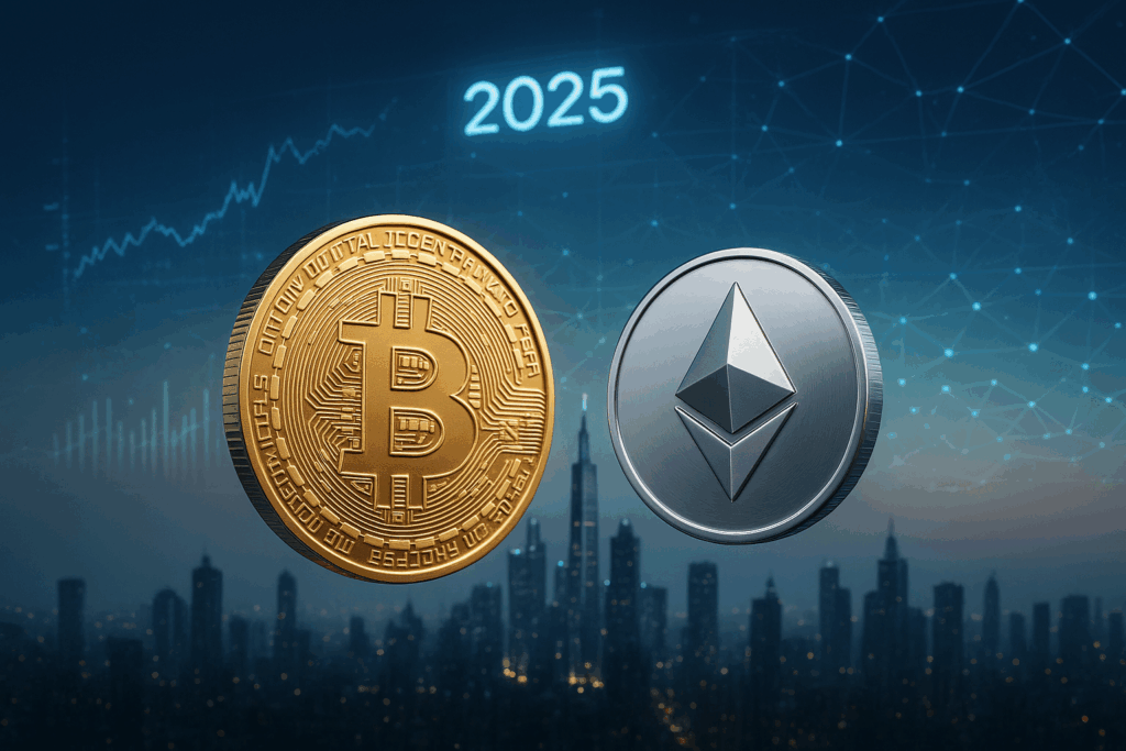 Bitcoin and Ethereum coins above a futuristic city skyline with holographic blockchain charts, representing cryptocurrency trends in 2025