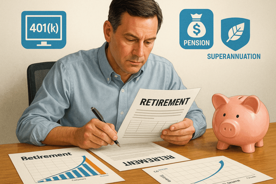 Employee reviewing 401(k) contribution plan with charts showing compound growth and employer match benefits. Employee reviewing 401(k) contribution plan with charts showing compound growth and employer match benefits.