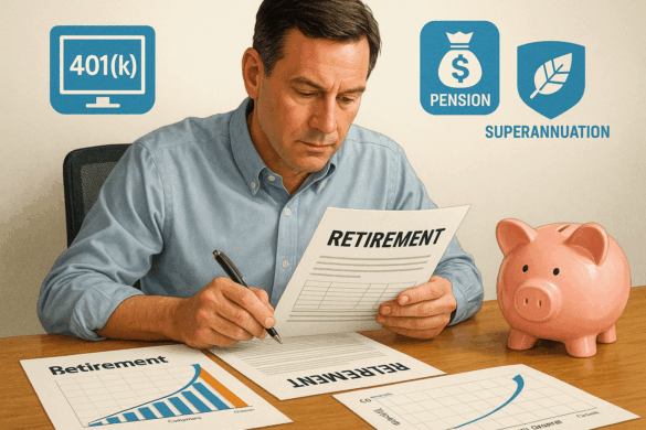 Employee reviewing 401(k) contribution plan with charts showing compound growth and employer match benefits.