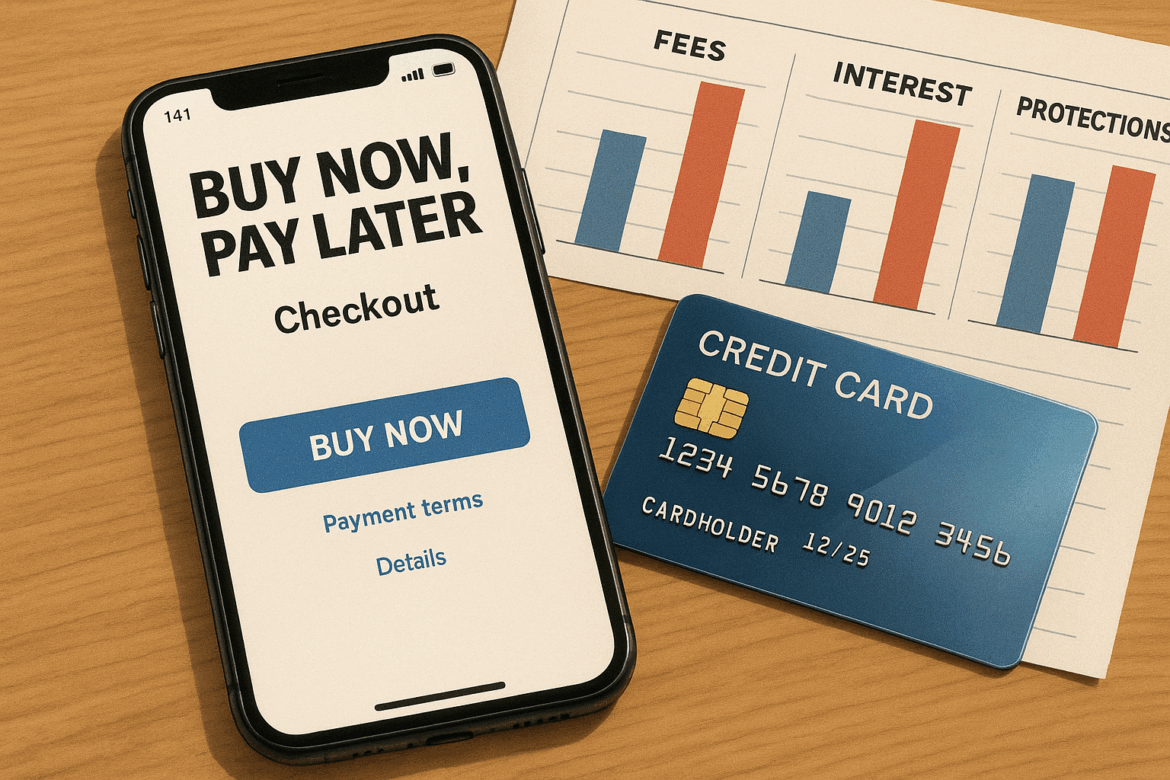 Side-by-side illustration of a Buy Now, Pay Later app on a smartphone vs a traditional credit card, symbolizing BNPL vs credit card comparison.