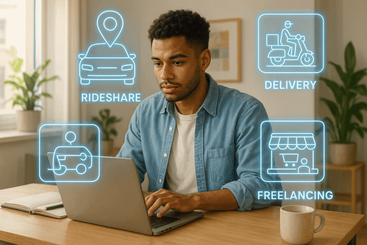 Young professional working on a laptop at home with icons of freelancing, rideshare driving, and e-commerce floating around, symbolizing side hustles in 2025.