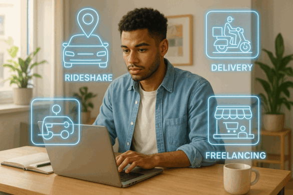 Young professional working on a laptop at home with icons of freelancing, rideshare driving, and e-commerce floating around, symbolizing side hustles in 2025. Young professional working on a laptop at home with icons of freelancing, rideshare driving, and e-commerce floating around, symbolizing side hustles in 2025.