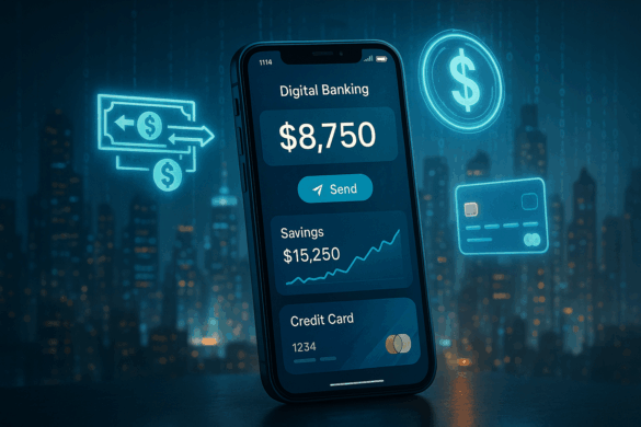 Illustration of a smartphone banking app with digital coins and charts, symbolizing the rise of digital banking and neobanks in 2025 Illustration of a smartphone banking app with digital coins and charts, symbolizing the rise of digital banking and neobanks in 2025