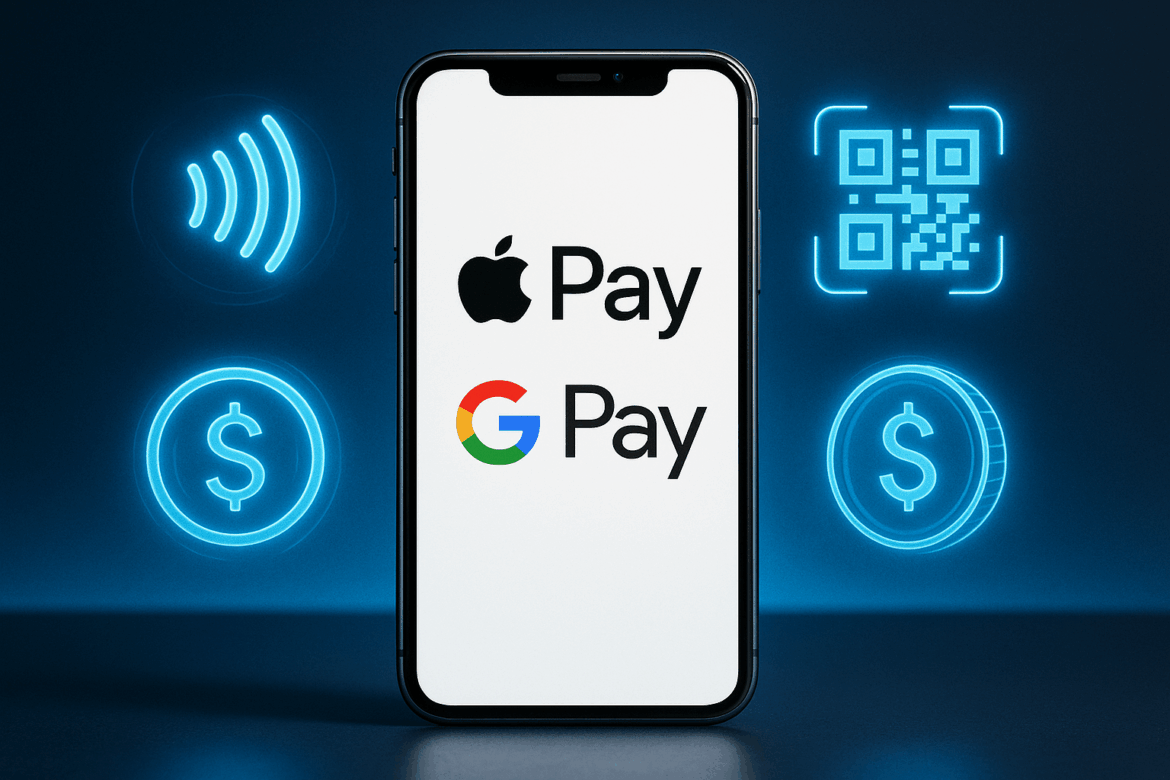 Smartphone screen displaying Apple Pay and Google Pay with glowing digital wallet icons, symbolizing the cashless payments boom. Smartphone screen displaying Apple Pay and Google Pay with glowing digital wallet icons, symbolizing the cashless payments boom.