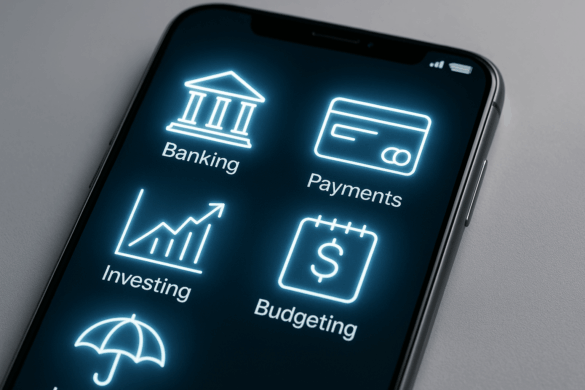 Smartphone screen displaying multiple fintech and super-app icons like payments, banking, investing, and insurance, symbolizing the rise of fintech apps and super-apps.