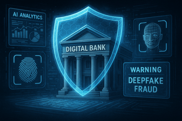 Illustration of a digital bank protected by biometric and AI security shields, symbolizing cybersecurity and fraud prevention in finance.