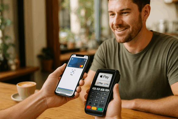 Australian customer using Apple Pay on iPhone at café checkout with Google Pay and PayID logos visible on the payment terminal.
