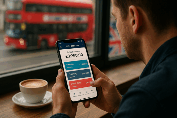 UK consumer using smartphone banking app showing open banking dashboard with multiple accounts linked.