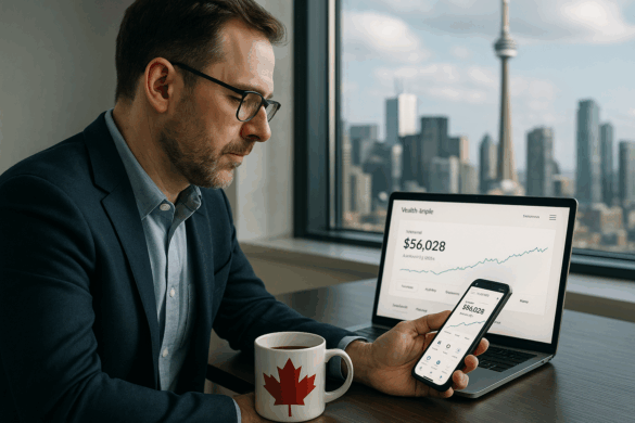 Canadian investor using smartphone app with Wealthsimple robo-advisor dashboard showing AI-driven portfolio.