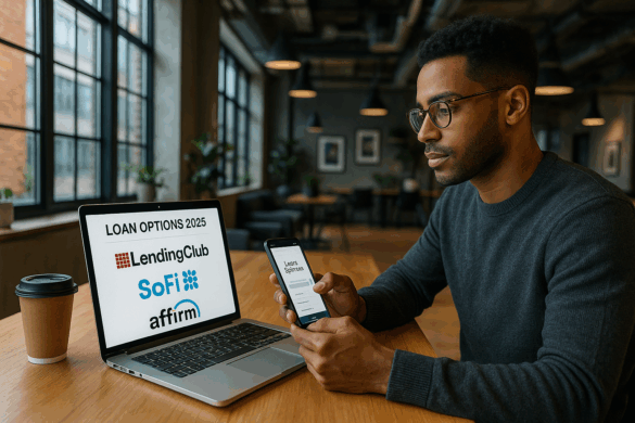 Young professional in co-working space reviewing LendingClub, SoFi, and Affirm loan options on laptop, representing digital lending platforms in USA 2025. Young professional in co-working space reviewing LendingClub, SoFi, and Affirm loan options on laptop, representing digital lending platforms in USA 2025.