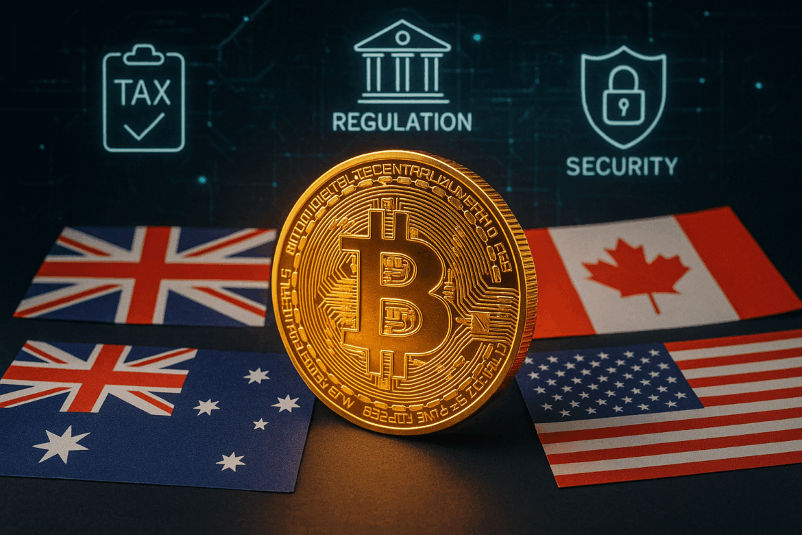 Flags of Australia, UK, Canada, and USA overlaid on a digital Bitcoin coin, symbolizing global crypto regulation in 2025. Flags of Australia, UK, Canada, and USA overlaid on a digital Bitcoin coin, symbolizing global crypto regulation in 2025.