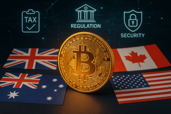 Flags of Australia, UK, Canada, and USA overlaid on a digital Bitcoin coin, symbolizing global crypto regulation in 2025.