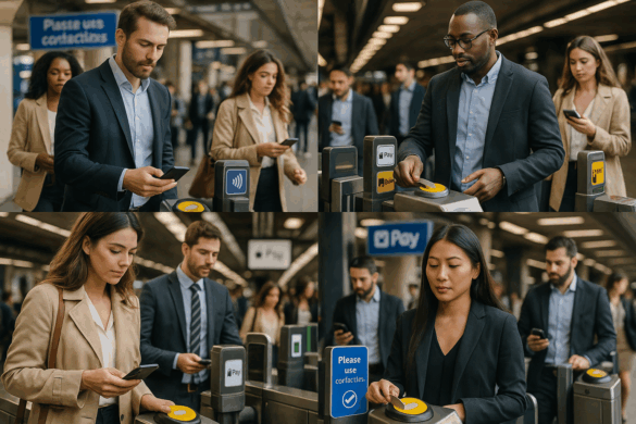 Commuters in London and Toronto using contactless cards and smartphones to pay at transit gates.