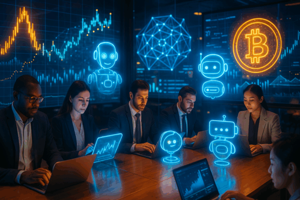 Futuristic financial trading floor with AI holograms showing stock charts and digital assets, symbolizing AI in finance and fintech innovation.