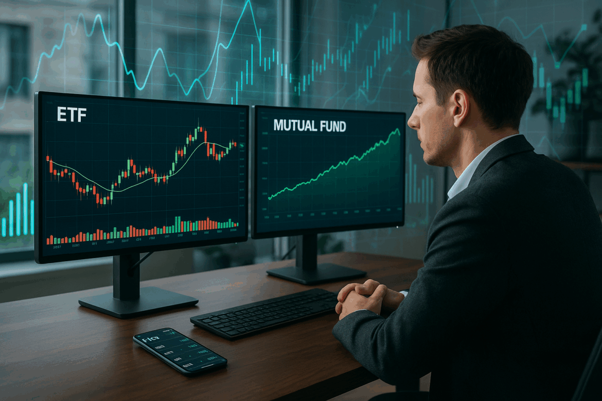 Comparison of ETFs vs mutual funds in 2025 with financial charts and investor using smartphone trading app.
