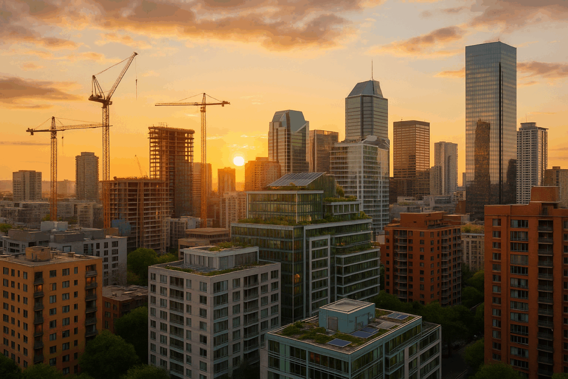 Modern city skyline with residential and commercial buildings symbolizing real estate investment opportunities in 2025.