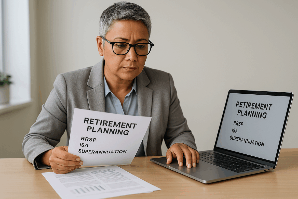 Professional investor reviewing retirement planning documents including RRSP, ISA, and Superannuation in 2025.