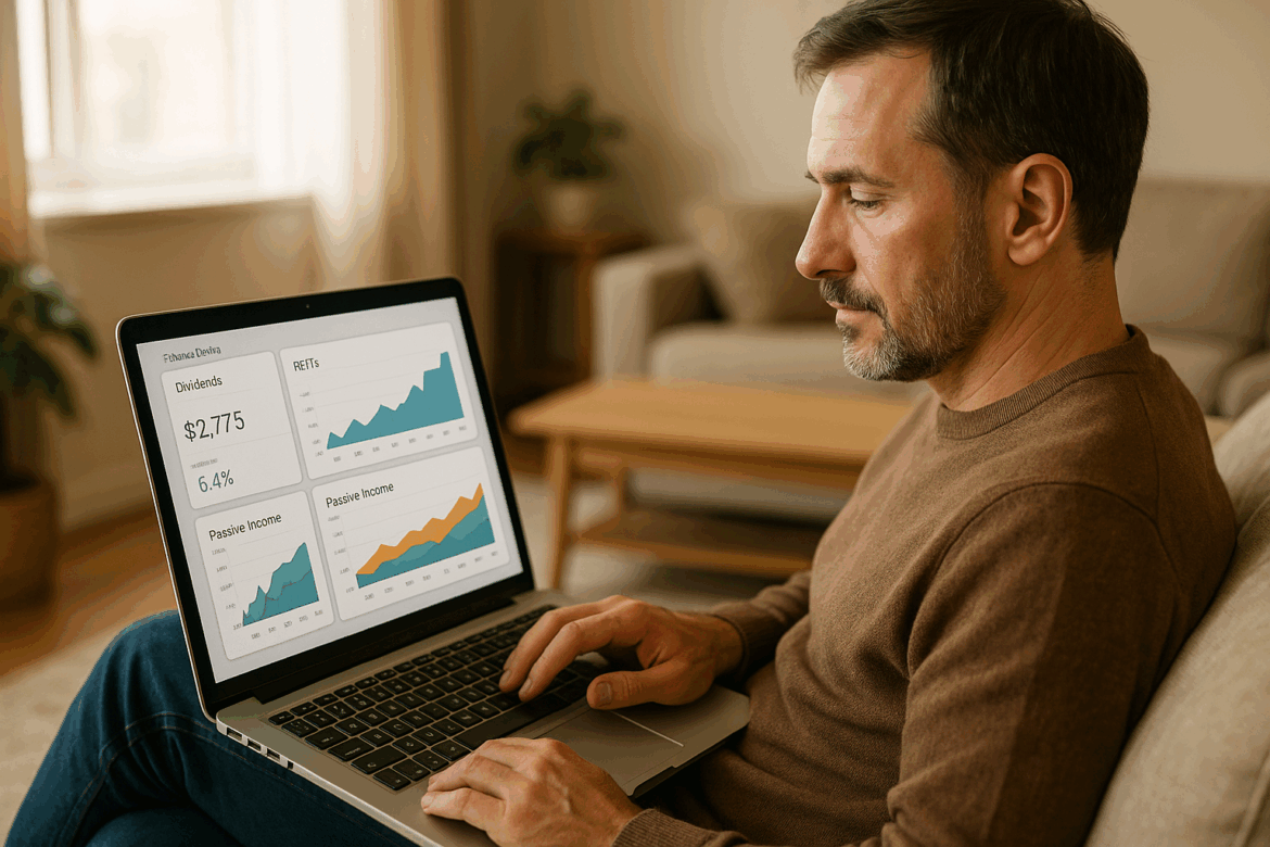 Investor at home reviewing dividend, REIT, and passive income dashboards on a laptop screen in 2025.